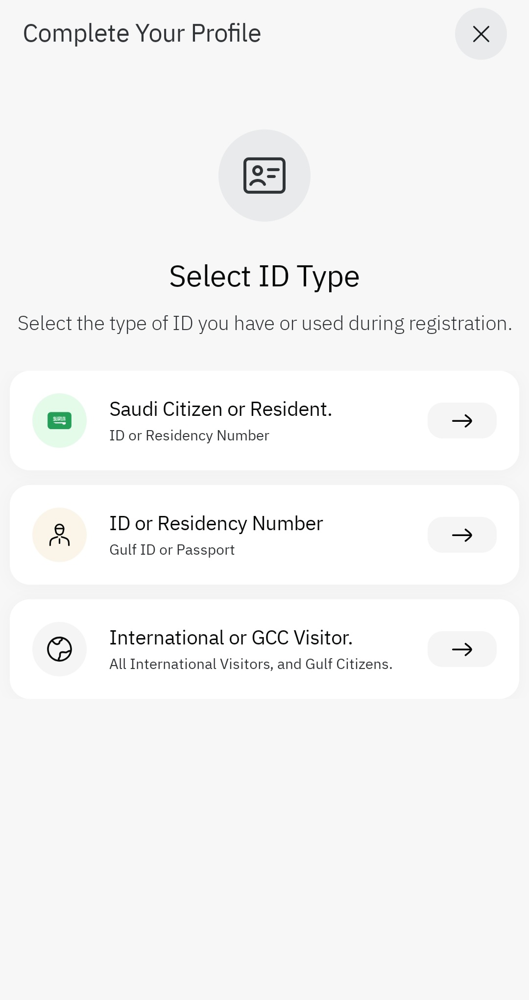 Halaman pilihan jenis identitas