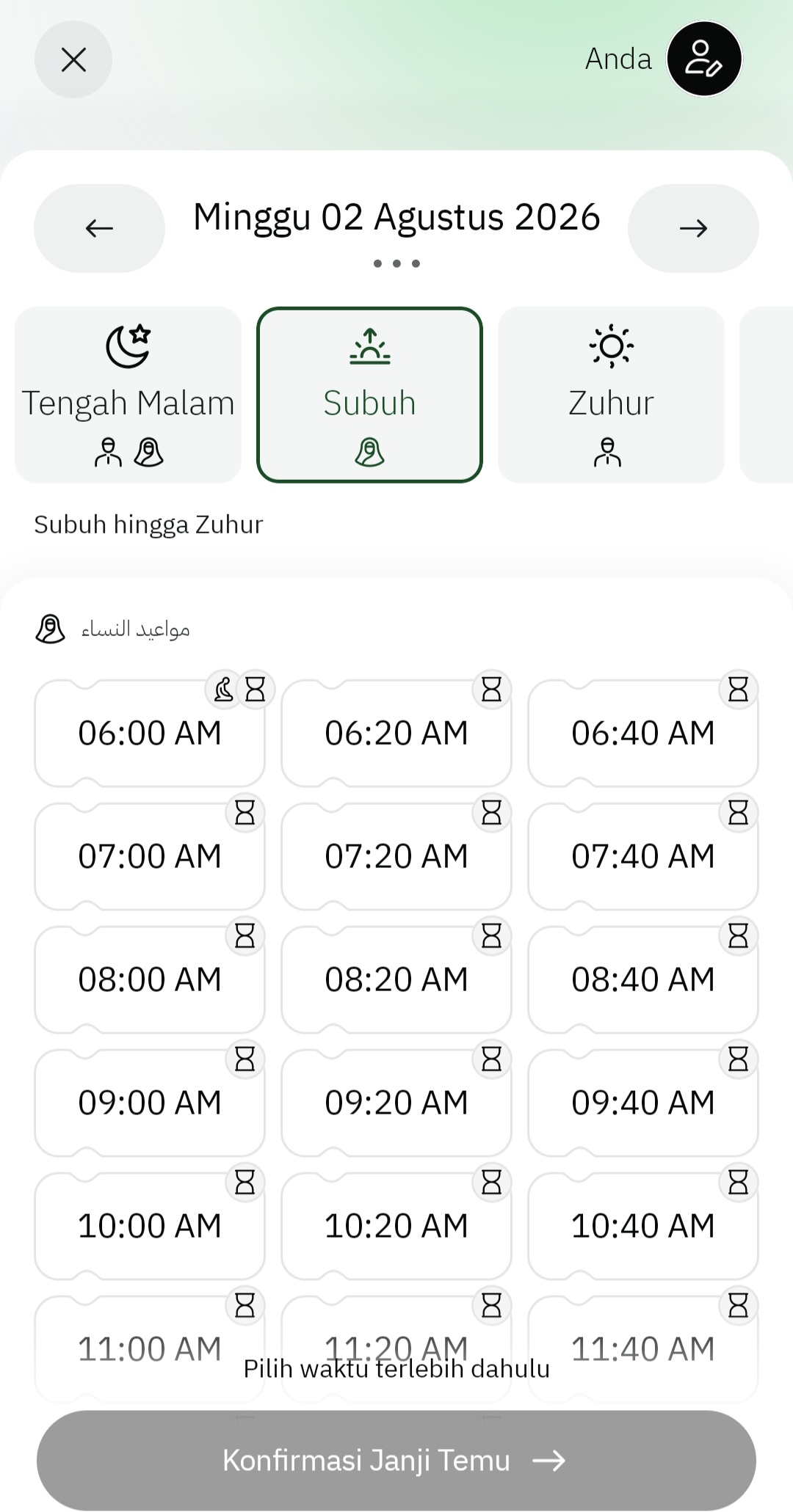 Halaman pilih tanggal dan jam Raudhah